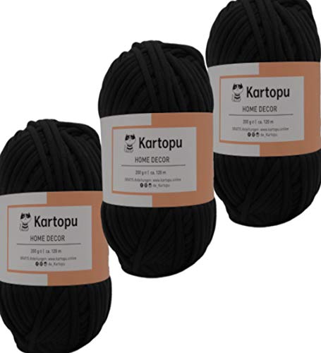 Kartopu 3x200gr Home Decor -weiches Textilgarn- gleichmäßige Einfärbung und Garnstärke- Häkelgarn für Kissenhüllen, Taschen, Häkeldecken- Jersey Garn in großer Farbauswahl (schwarz 940) von Kartopu