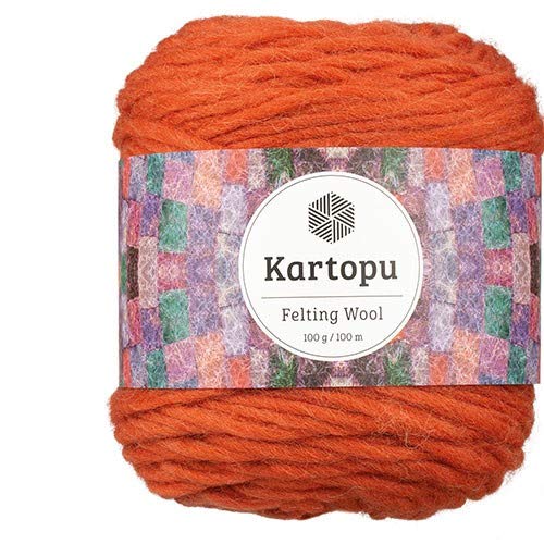 Filzwolle 100gr Knaul,uni+Color,100m Lauflänge, 100% Schurwolle, Mengen und Farbe frei wählbar (orange 1265) von Kartopu