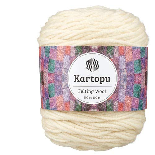 Filzwolle 100gr Knaul,uni+Color,100m Lauflänge, 100% Schurwolle, Mengen und Farbe frei wählbar (rohweiss 1027) von Kartopu