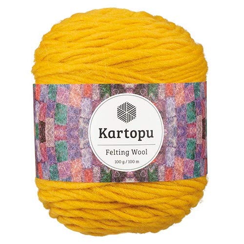 Filzwolle 100gr Knaul,uni+Color,100m Lauflänge, 100% Schurwolle, Mengen und Farbe frei wählbar (senf gelb 1214) von Kartopu