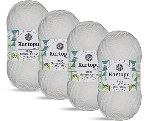 Kartopu Baby Naturbaumwolle, Baumwollgarn, Kinderstrickgarn, Struktur sehr weich, (4 Kugeln) je Knäuel (Ball) 3,53 Unzen (100g)(Weiß 010) von Kartopu