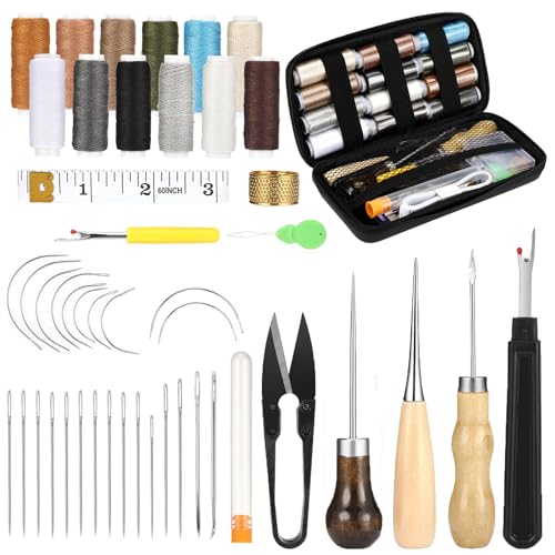 Kasanni Leder NäHset 48 StüCk Leder Werkzeug Set HandnäHen Multifunktionales DIY Leder-NäHset Mit NäHnadel, NäHahle, Nahttrenner, Fingerhut und 12-Farbigem Reparaturfaden von Kasanni