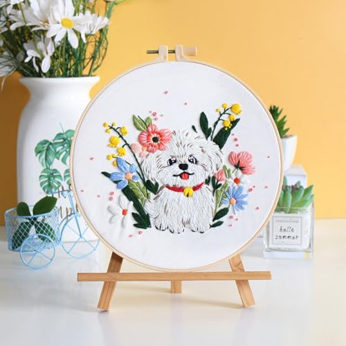 Kaseremy Stickerei Set Anfänger, Hundemuster Stickerei Lernset für Erwachsene, Kreuzstich Set mit Stickrahmen, Anleitung und Werkzeuge Stickerei Set für DIY Kunst Handwerk (Bichon Frise) von Kaseremy
