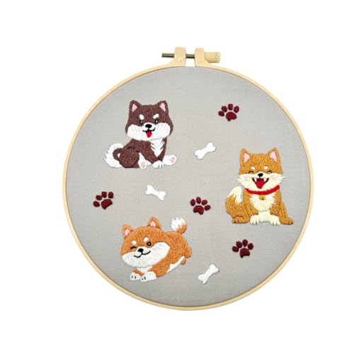 Kaseremy Stickerei Set Anfänger, Hundemuster Stickerei Lernset für Erwachsene, Kreuzstich Set mit Stickrahmen, Anleitung und Werkzeuge Stickerei Set für DIY Kunst Handwerk (Shiba Inu) von Kaseremy