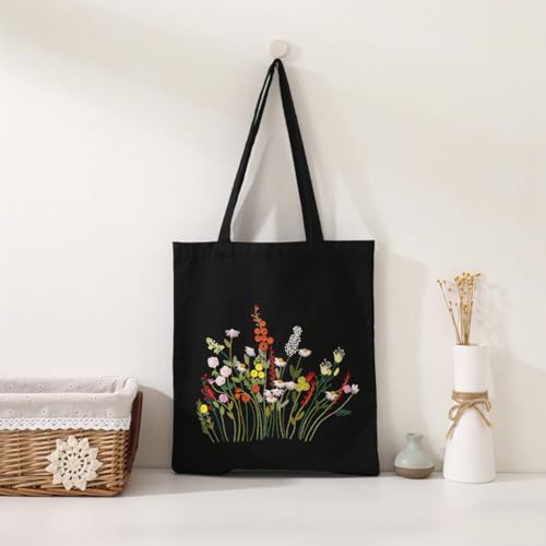 Kaseremy Stickerei Set Anfänger Tasche, Blumenmuster Canvas Tasche Stickerei Set Erwachsene Anfänger, Stickset Leinen Tragetaschen mit Anleitung Stickrahmen bunten Fäden und Nadeln (schwarz) von Kaseremy