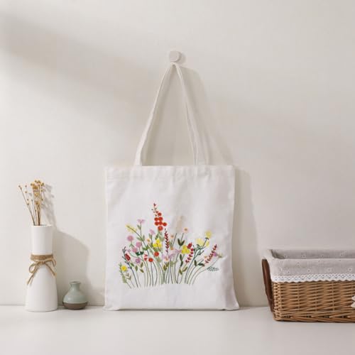 Kaseremy Stickerei Set Anfänger Tasche, Blumenmuster Canvas Tasche Stickerei Set Erwachsene Anfänger, Stickset Leinen Tragetaschen mit Anleitung Stickrahmen bunten Fäden und Nadeln (weiß) von Kaseremy