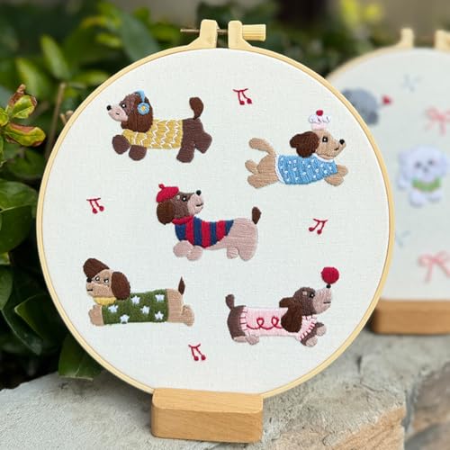 Kaseremy Sticksets für Anfänger, Stickerei-Starter-Set für Erwachsene mit niedlichen Hundemustern, farbigen Fäden, Nadeln, Reifen und Anleitung (Dackel) von Kaseremy