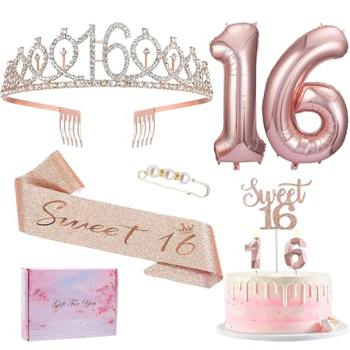 Kaseryao 16. Geburtstag Mädchen Deko, Geschenke für 16-jährige Mädchen, Sweet 16 Schärpe und Geburtstagskrone, Tortendeko und Kerzen für 16. Geburtstag Mädchen Kaseryao 16. Geburtstag Mädchen Deko, Geschenke für 16-jährige Mädchen, Sweet 16 Schärpe und Geburtstagskrone, Tortendeko und Kerzen für 16. Geburtstag Mädchen von Kaseryao