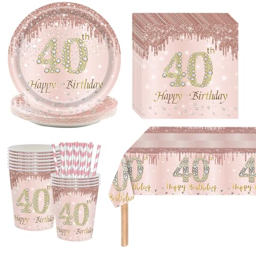 40 Geburtstag Frauen Deko, Partygeschirr Pappteller Geburtstag Rosa, 40. Geburtstagsdeko Pappgeschirr Partyzubehör für 16 Personen von Kaseryao