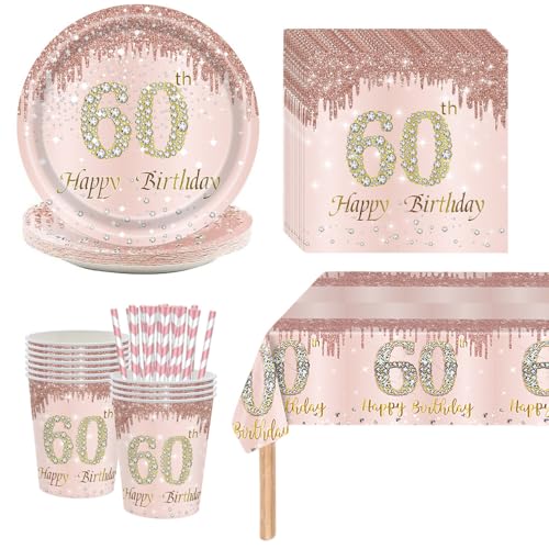60 Geburtstag Frauen Deko, Partygeschirr Pappteller Geburtstag Rosa, 60. Geburtstagsdeko Pappgeschirr Partyzubehör für 16 Personen 60 Geburtstag Frauen Deko, Partygeschirr Pappteller Geburtstag Rosa, 60. Geburtstagsdeko Pappgeschirr Partyzubehör für 16 Personen von Kaseryao