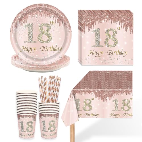 Kaseryao Deko 18. Geburtstag Mädchen, 18 Geburtstag Happy Birthday Partygeschirr Set, Pappgeschirr Set für 16 Gäste, Enthält Pappbecher, Pappteller, Papierstrohhalme, Servietten, Tischtücher Kaseryao Deko 18. Geburtstag Mädchen, 18 Geburtstag Happy Birthday Partygeschirr Set, Pappgeschirr Set für 16 Gäste, Enthält Pappbecher, Pappteller, Papierstrohhalme, Servietten, Tischtücher von Kaseryao