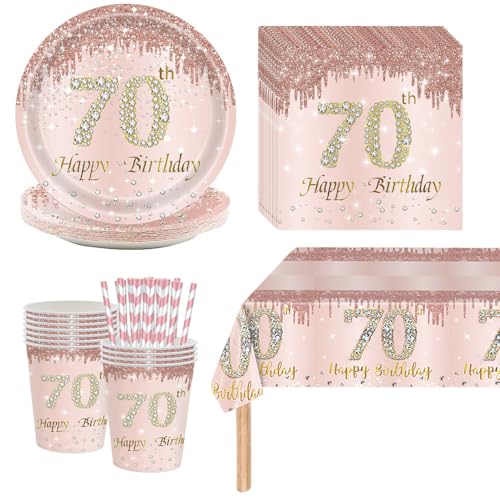 Deko 70 Geburtstag Frau - 70 Geburtstag Frauen Deko, Partygeschirr Pappteller Rosa, 70. Geburtstagsdeko Pappgeschirr Partyzubehör für 16 Personen von Kaseryao