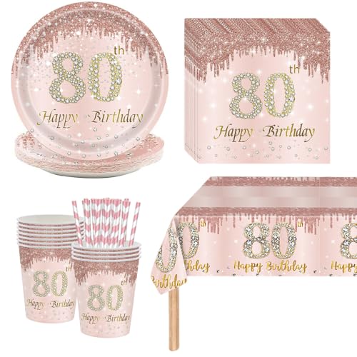 Deko 80 Geburtstag Frau - 80 Geburtstag Frauen Deko, Partygeschirr Pappteller Rosa, 80. Geburtstagsdeko Pappgeschirr Partyzubehör für 16 Personen von Kaseryao