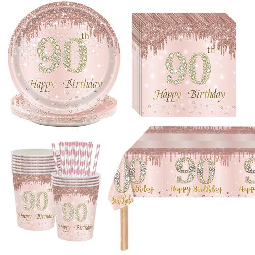 Deko 90 Geburtstag Frau - 90 Geburtstag Frauen Deko, Partygeschirr Pappteller Rosa, 90. Geburtstagsdeko Pappgeschirr Partyzubehör für 16 Personen von Kaseryao