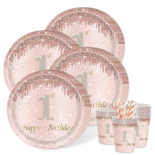 Kaseryao Deko 1. Geburtstag Mädchen - Partygeschirr Kindergeburtstag mit Papptellern Rosa, 1. Geburtstag Deko Pappgeschirr für 20 Personen, Erster Partyzubehör Tischdeko Kaseryao Deko 1. Geburtstag Mädchen - Partygeschirr Kindergeburtstag mit Papptellern Rosa, 1. Geburtstag Deko Pappgeschirr für 20 Personen, Erster Partyzubehör Tischdeko von Kaseryao