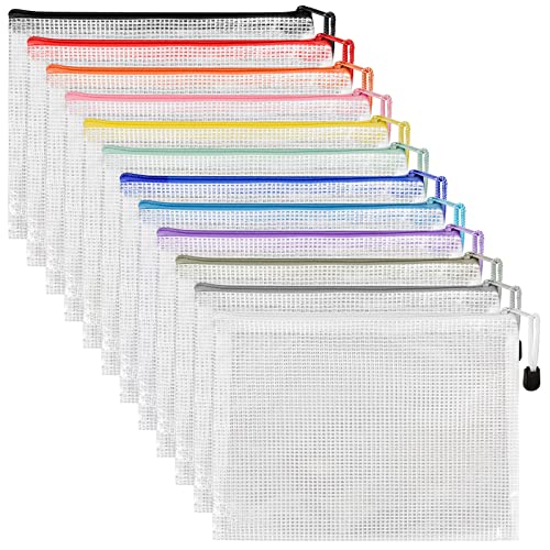 Kasimir Dokumententasche A5-12 Stück Sammelmappe din A5 Kunststoff Reißverschlusstasche Set wasserdicht Mesh Bags Dokumententasche zip mit Reissverschluss für Büros Schulreise Zubehör - 12 Farben von Kasimir