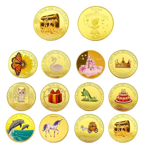 12 Stück Goldtaler Kinder Zahnfee, Tooth Fairy Coins, Zahnfee Goldmünzen, Farbige Zahnfee Goldtaler, Goldene Zahnfee Münzen mit Verschiedenen Mustern, Zahnfee Souvenirs für Jungen und Mädchen von Kaslaider