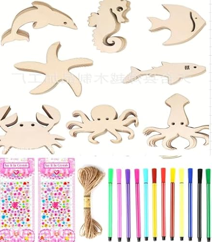 32 Stück Meerestiere Holz Bastelset Kinder, Meertier Holzscheiben Bemalen Basteln mit Aquarellstift Seil Sticker, Meerestiere Holzornamente Malen, Meerestier-Holzstücke, Ozean Tiere Diy Ausschnitte von Kaslaider