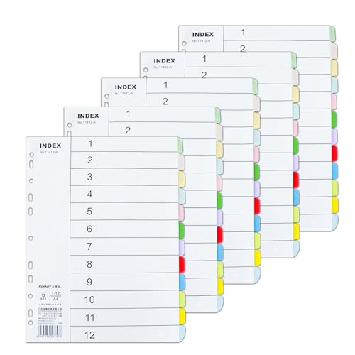 5er-Packung Ordner Trennblätter A4, Trenner Ordner 12 Teil-12 Farben Trennblätter für Ordner, 11 Löcher Gestanzt mit Digitalen Abdeckungen Ringbuch Register Index-Teiler Registerblätter 5er-Packung Ordner Trennblätter A4, Trenner Ordner 12 Teil-12 Farben Trennblätter für Ordner, 11 Löcher Gestanzt mit Digitalen Abdeckungen Ringbuch Register Index-Teiler Registerblätter von Kaslaider