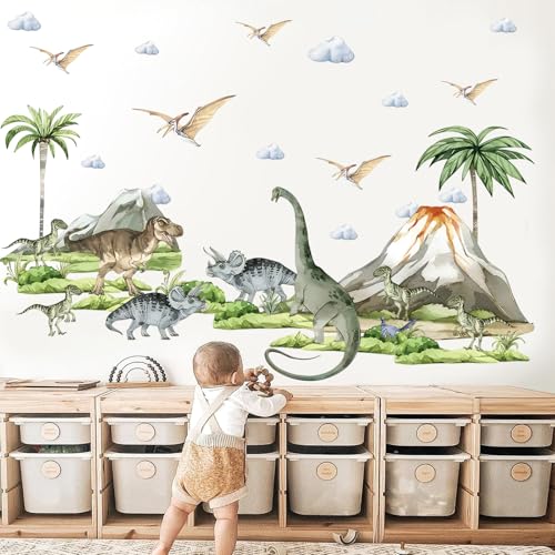Dinosaurier Wandtattoo XXL, Dinosaurier Wandsticker Kinderzimmer, Selbstklebend Dino Wandaufkleber, Wandtattoo Dinosaurier Vulkan Pflanzen, Jurassic World Tiere Zeichentrick Wanddeko für Babyzimmer Dinosaurier Wandtattoo XXL, Dinosaurier Wandsticker Kinderzimmer, Selbstklebend Dino Wandaufkleber, Wandtattoo Dinosaurier Vulkan Pflanzen, Jurassic World Tiere Zeichentrick Wanddeko für Babyzimmer von Kaslaider