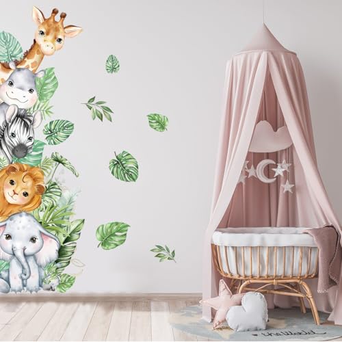 Wandtattoo Safari Tiere Wandaufkleber, Wild Animal Wall Stickers, Dschungel Tiere Reben Wandaufkleber Giraffe Löwe Zebra Safari Blätter Wandsticker für Babyzimmer Schlafzimmer Wanddeko (1) von Kaslaider