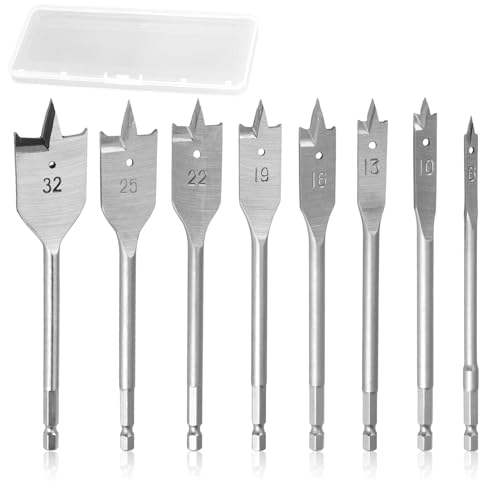 Kasoud Spatenbohrer-Set, 8-teilig, Lochbohrer für Holz, Holzbohrer, Ø 6–32 mm, Karbonstahl, robuster Sechskantschaft, Paddel-Bit-Werkzeuge für Sperrholz, Kunststoffe, Spanplattenschnitte von Kasoud