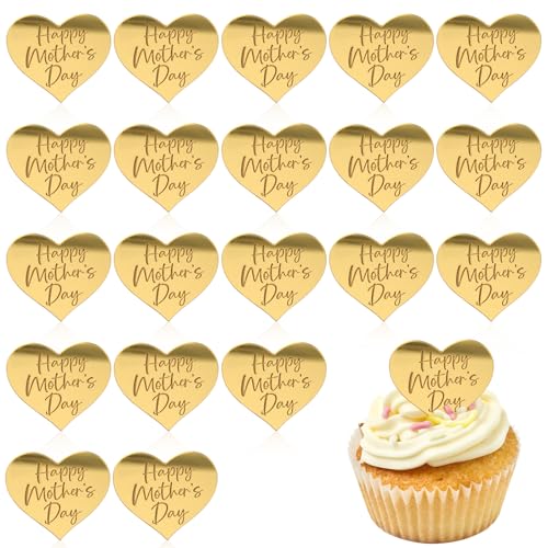 Kasoud Valentinstagskuchendekorationen, 20 Stück Herz-Cupcake-Topper, Happy Valentine's Day Cupcake-Topper, Acryl-Cupcake-Topper, Herz-Kuchenscheiben, Spiegel-Acryl für Partyzubehör (Spiegelgold) von Kasoud