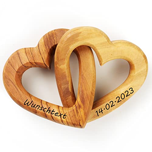 Kassis Geschenkartikel Personalisierte Olivenholz-Herzen für Brautpaar, zum Valentinstag, Jubiläum, Hochzeitstag, Geburtstag - verbundene Holz-Herzen - Hochzeitsgeschenk - (7,50 cm) von Kassis Geschenkartikel