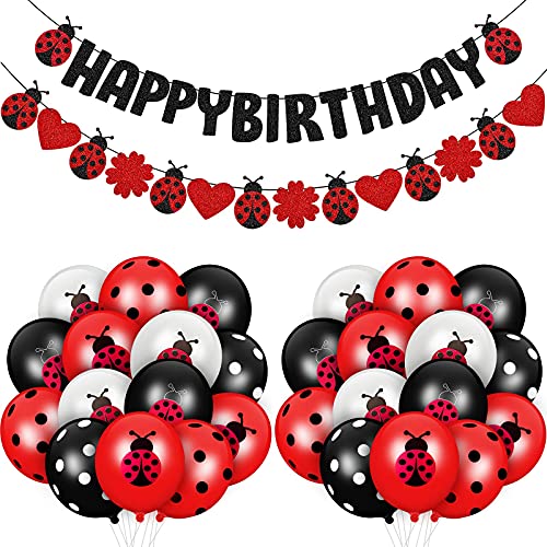 26 Stücke Marienkäfer Geburtstag Dekoration Enthalten Marienkäfer Happy Birthday Banner Marienkäfer Luftballons Schwarz Rot Polka Punkte Latex Ballons Partyzubehör für Geburtstag Party von Kasyat