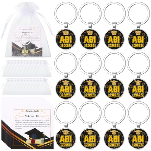 Kasyat 12 Sets Abitur 2025 Geschenke inklusive 12 Schlüsselanhänger Abi 2025 12 Graduation Karten 12 Organzasäckchen Abschluss Geschenk für Freund Frauen Herren Bachelor Master (ABI 2025) von Kasyat