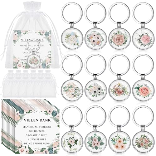 Kasyat 12 Sets Dankeschön Geschenke für Kollegen 12 Kollegen Schlüsselanhänger mit Blumen 12 Danke Karten 12 Organzasäckchen Abschiedsgeschenke Inspirierend Geschenke für Mitarbeiter Jobwechsel Freund von Kasyat
