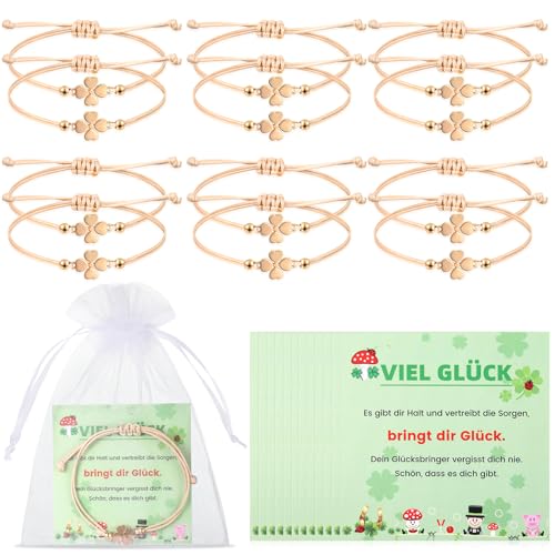 Kasyat 12 Sets Glücksbringer Kleeblatt Armband Glücksarmband mit Karte und Organzasäckchen für Damen Verstellbar Kleeblatt Armband Freundschaftsarmband für Geburtstag Glücksgeschen von Kasyat