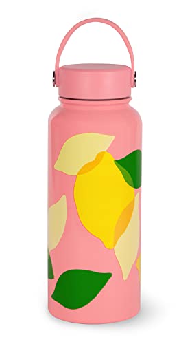 Kate Spade New York Extra große isolierte Wasserflasche, 945 ml Edelstahl-Wasserflasche mit Griff, rosa doppelwandiger Metallbecher mit Deckel, Zitronenwerfen von Kate Spade New York