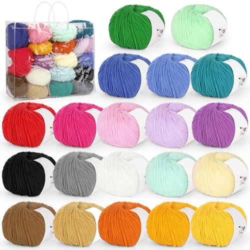 Katech 20 * 50g(1000g) Häkelgarn, 20 Verschiedenen Farben Strickgarn zum Häkeln und Stricken, Baumwollgarn für Häkelnadeln 2,0/2,5mm, Wolle für Stricknadeln 2,5/3,0mm, Häkelwolle Set mit Handtasche von Katech