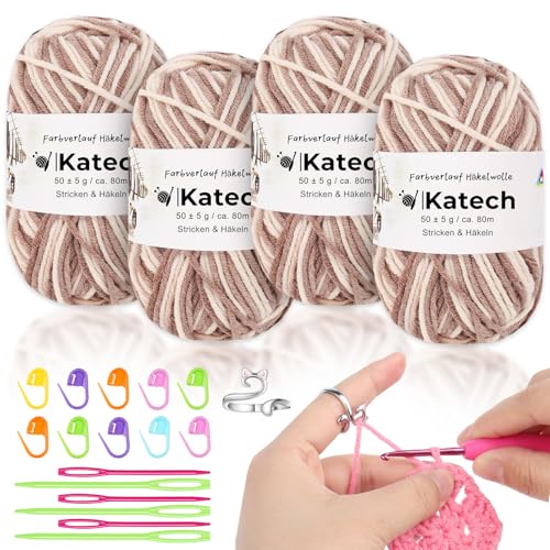 Katech 4x50g(200g) Mehrfarbige Häkelgarn, Baumwolle zum Häkeln, Häkelwolle Set mit Häkelring, Strickgarn Wolle zum Stricken von Mützen/Schal/Socken/Kinderkleidung, Farbverlauf Garn Khaki von Katech