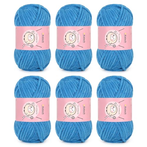 Katech Bulky Chenille-Garn zum Häkeln, 6 Stück, 100 g/3,53 oz-6 mm Tiefe, glitzerndes Chenille-Garn zum Stricken, grobe Plüsch-Babydeckengarne, ideal für Decken, Schals, Puppen (Dunkelblau) von Katech