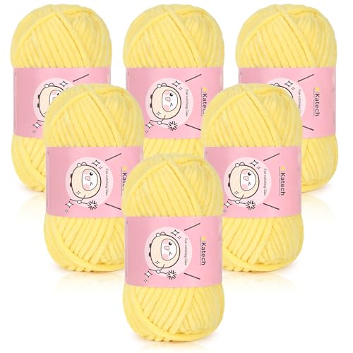 Katech Bulky Chenille-Garn zum Häkeln, 6 Stück, 100 g/3,53 oz-6 mm Tiefe, glitzerndes Chenille-Garn zum Stricken, grobe Plüsch-Babydeckengarne, ideal für Decken, Schals, Puppen (Hellgelb) von Katech
