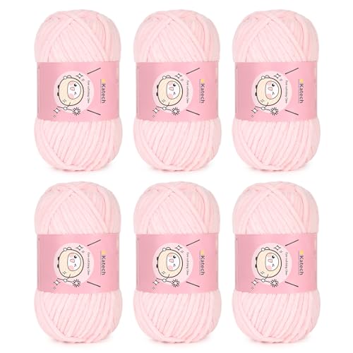 Katech Bulky Chenille-Garn zum Häkeln, 6 Stück, 100 g/3,53 oz-6 mm Tiefe, glitzerndes Chenille-Garn zum Stricken, grobe Plüsch-Babydeckengarne, ideal für Decken, Schals, Puppen (Hellrosa) von Katech