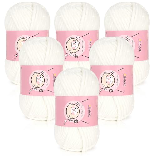 Katech Bulky Chenille-Garn zum Häkeln, 6 Stück, 100 g/3,53 oz-6 mm Tiefe, glitzerndes Chenille-Garn zum Stricken, grobe Plüsch-Babydeckengarne, ideal für Decken, Schals, Puppen (Reinweiß) von Katech