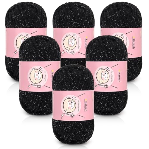 Katech Bulky Chenille-Garn zum Häkeln, 6 Stück, 100 g/3,53 oz-6 mm Tiefe, glitzerndes Chenille-Garn zum Stricken, grobe Plüsch-Babydeckengarne, ideal für Decken, Schals, Puppen (tiefschwarz) von Katech