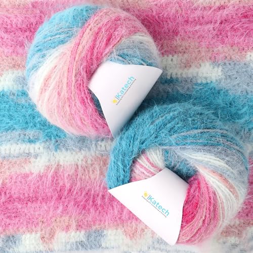 Katech Farbverlaufskuchengarn zum Häkeln, Wolle, Strickgarn, super weich, 2 Stück, 100 g, 35 % Plüschwolle, 30 % Acryl, 35 % Nylon (Kammgarn), perfekt für Decken, Schals, Schals und Kleidungsstücke (D von Katech