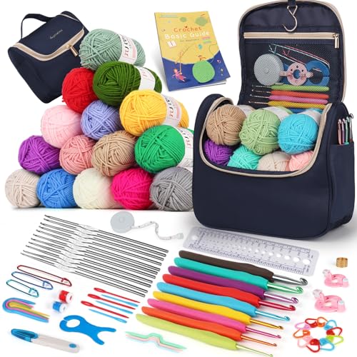 Katech Häkelset für Anfänger mit Häkelbuch, 15 Wolle zum Häkeln & Stricken, Ergonomischer Häkelnadel 2,0-6,0mm, Spitze Häkelnadeln 0,6-1,9mm, Häkeln für Anfänger, Häkelnadel Set mit Tasche Dunkelblau von Katech