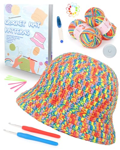 Katech Häkelset für Hut, 23 Stück Häkelnadel Set mit Bebilderter mit Schritt für Schritt Englisch Anleitung und Häkelzubehör, Hut Häkelnadeln Set für Anfänger mit Wolle zum Häkeln, Strickset von Katech