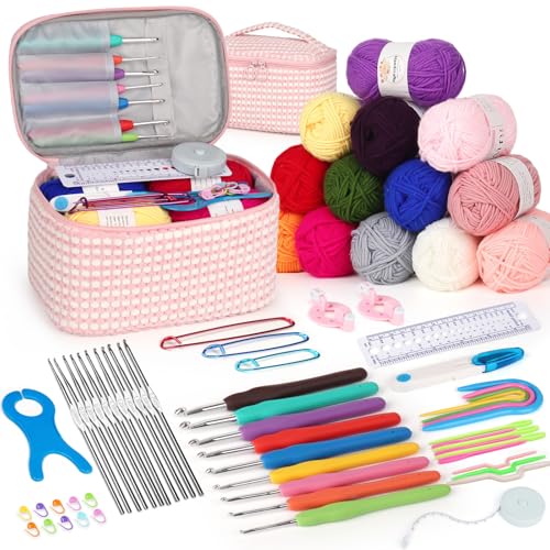 Katech Häkelset mit Zubehör, 12 Wolle zum Häkeln Stricken, Komplette Häkelset für Anfänger, Häkelsets Häkelwolle, 9 Ergonomische Häkelnadeln 2,0-6,0mm, 12 Spitze Häkelnadel 0,6-1,9mm, Häkeltasche Rosa Katech Häkelset mit Zubehör, 12 Wolle zum Häkeln Stricken, Komplette Häkelset für Anfänger, Häkelsets Häkelwolle, 9 Ergonomische Häkelnadeln 2,0-6,0mm, 12 Spitze Häkelnadel 0,6-1,9mm, Häkeltasche Rosa von Katech