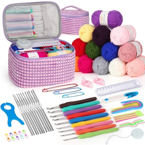 Katech Häkelset mit Zubehör, 12 Wolle zum Häkeln Stricken, Komplette Häkelset für Anfänger, Häkelsets Häkelwolle, 9 Ergonomische Häkelnadeln 2,0-6,0mm, 12 Spitze Häkelnadel 0,6-1,9mm, Häkeltasche Lila Katech Häkelset mit Zubehör, 12 Wolle zum Häkeln Stricken, Komplette Häkelset für Anfänger, Häkelsets Häkelwolle, 9 Ergonomische Häkelnadeln 2,0-6,0mm, 12 Spitze Häkelnadel 0,6-1,9mm, Häkeltasche Lila von Katech