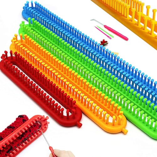 Katech Lange Strickrahmen, 4 Dichte Stifte Knitting Loom (26cm + 36cm + 47cm + 58cm) mit Haken und Wolle Nadel, Strickmaschine Set für Anfänger und Strickliebhaber von Katech