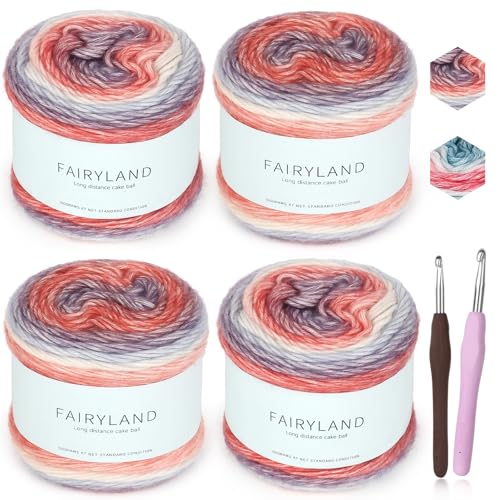 Katech Ombré-Garn zum Häkeln, Farbverlaufskuchengarn, 4 x 100 g, 60 % Baumwolle, 30 % Acryl, 11 % Wolle, mehrfarbig, weiches Regenbogen-Baumwoll-Häkelgarn für Schals, Decken und Kleidungsstücke (L) von Katech