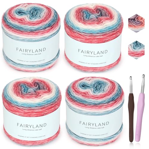 Katech Ombré-Garn zum Häkeln, Farbverlaufskuchengarn, 4 x 100 g, 60 % Baumwolle, 30 % Acryl, 11 % Wolle, mehrfarbig, weiches Regenbogen-Baumwoll-Häkelgarn für Schals, Decken und Kleidungsstücke (M) von Katech