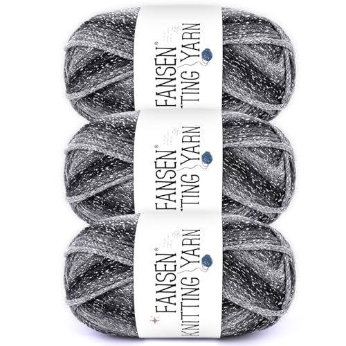 Katech Sparkle Ombre-Garn zum Häkeln, 3 Packungen mit 100 g, 100 % Polyester-4 Medium (Kammgarn), Glitzergarn zum Stricken, weiche Häkelgarne für Decken, Schals, Taschen und Puppen (Black Ombre) von Katech