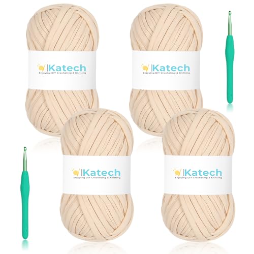 Katech T-Shirt-Garn zum Häkeln, 400 g, elastisches Gewebe, gehäkelt, Spaghetti-Garn für Handarbeiten, Taschen und Korbkissen, Häkelprojekte, Heimdekoration (Hell-Kahki) von Katech